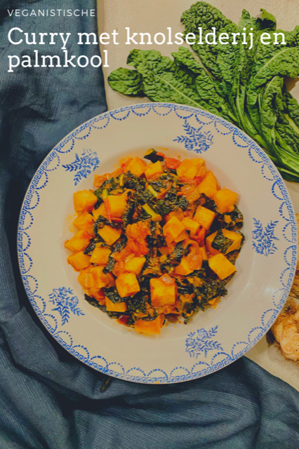 Winterse veganistische curry met knolselderij en palmkool. Een smaakvolle curry vol met groenten. Lekker om te serveren met zilvervliesrijst.