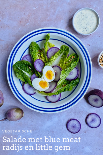 Deze blue meat radijs salade met little gem is niet alleen een lust voor het oog, maar ook super smakelijk. Een makkelijk salade recept bomvol kleur.